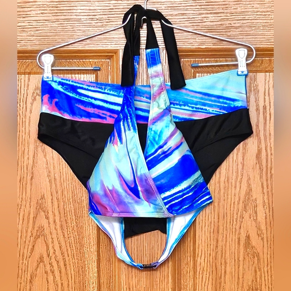 Colorful Two-Piece Bikini • Mid-Rise Bottoms • Tie Top • Size Medium •